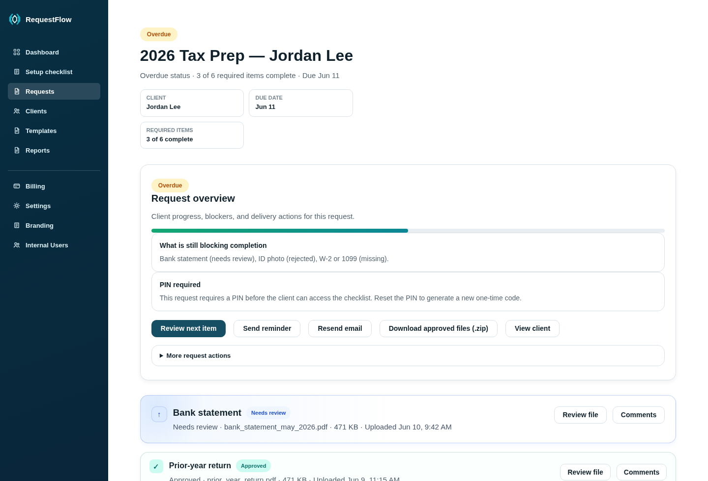 RequestFlow firm request detail with needs-review, approved, and missing client documents