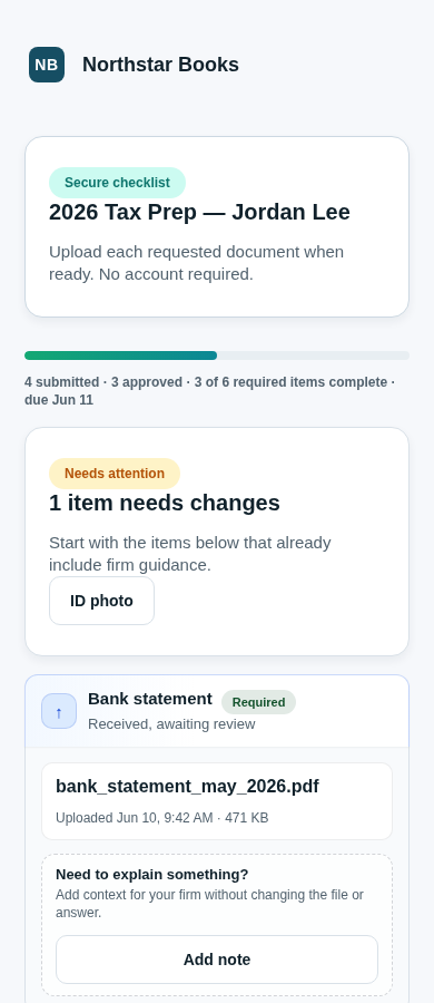 RequestFlow mobile client checklist showing no-account upload status