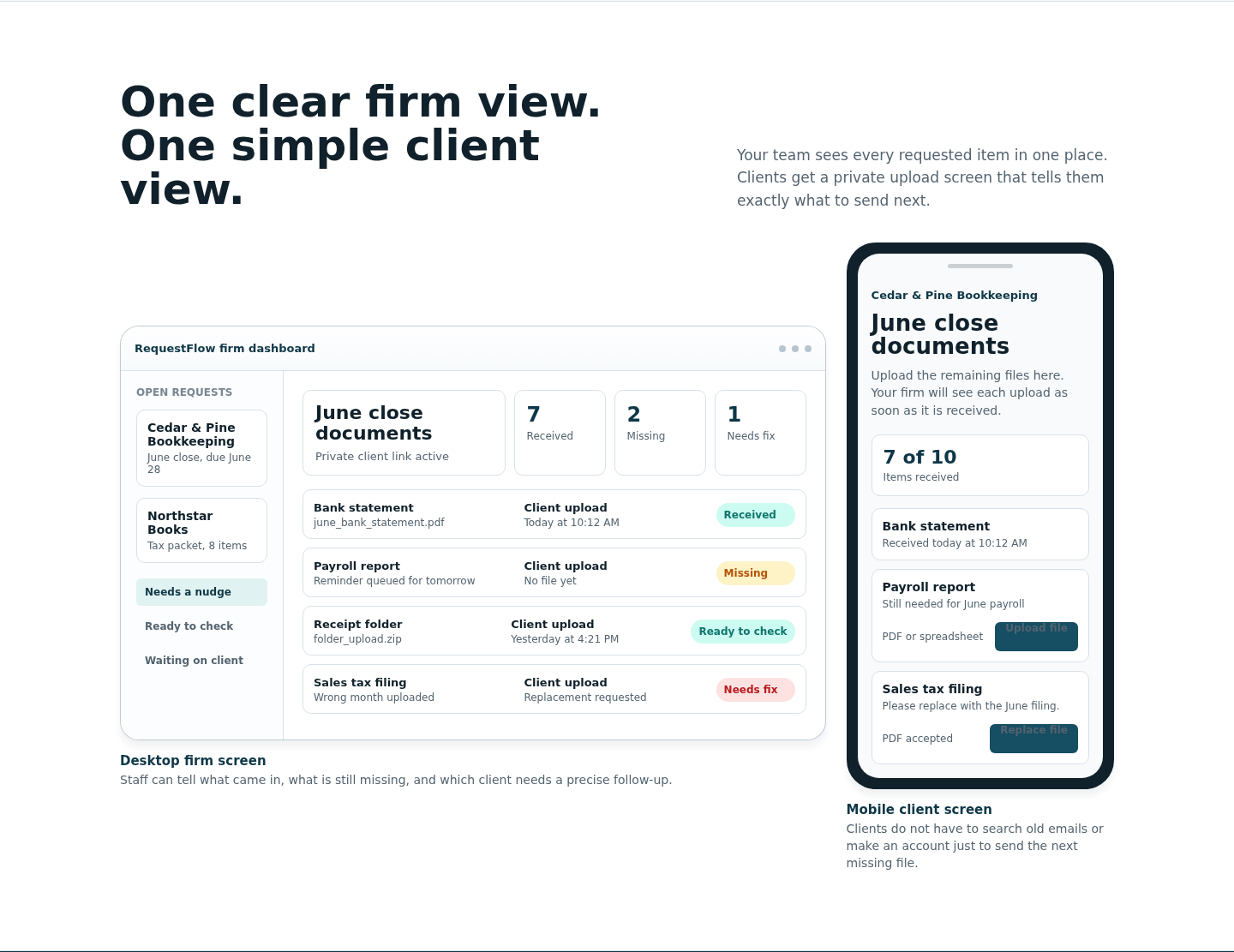 RequestFlow desktop preview showing a client document checklist and firm-side request status.