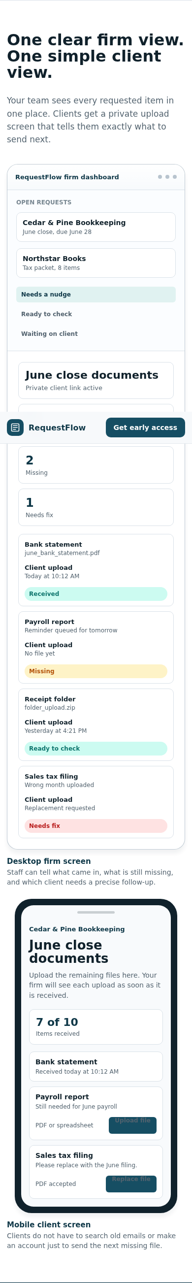 RequestFlow mobile preview showing a client uploading items from a secure checklist link.